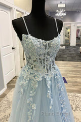 Spaghetti Straps Light Blue Lace Formal Prom Dresses, Light Blue Lace Formal Evening Dresses