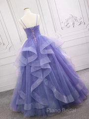 Spaghetti Straps Light Purple Long Formal Prom Dresses A Line Layered Birthday Party Dresses