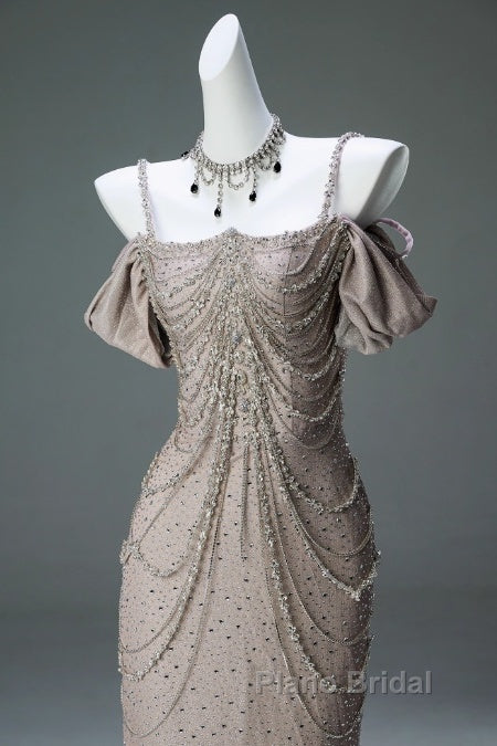 Spaghetti Straps Mermaid Beading Satin Long Formal Prom Dresses Rhinestone Formal Evening Dresses