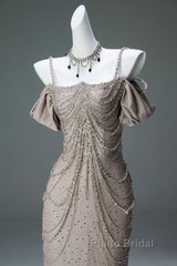 Spaghetti Straps Mermaid Beading Satin Long Formal Prom Dresses Rhinestone Formal Evening Dresses