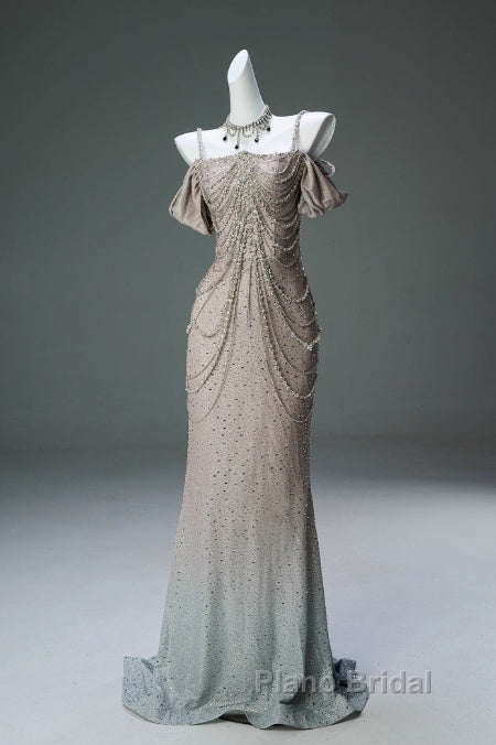 Spaghetti Straps Mermaid Beading Satin Long Formal Prom Dresses Rhinestone Formal Evening Dresses