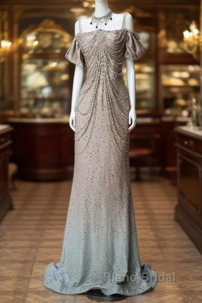 Spaghetti Straps Mermaid Beading Satin Long Formal Prom Dresses Rhinestone Formal Evening Dresses