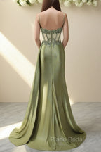 Spaghetti Straps Mermaid Formal Prom Dresses Appliqued Corset Formal Prom Dresses With Split