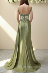 Spaghetti Straps Mermaid Formal Prom Dresses Appliqued Corset Formal Prom Dresses With Split