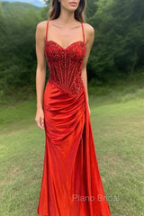 Spaghetti Straps Mermaid Formal Prom Dresses Appliqued Corset Formal Prom Dresses With Split