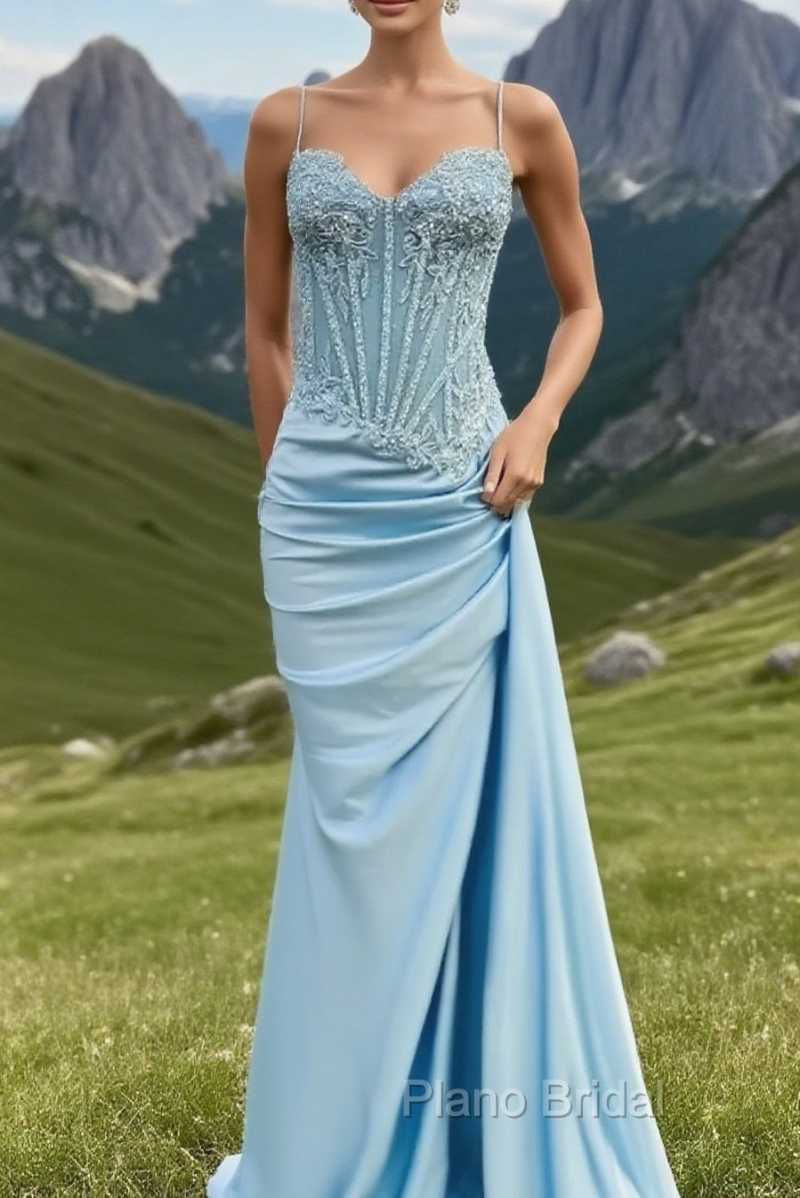 Spaghetti Straps Mermaid Formal Prom Dresses Appliqued Corset Formal Prom Dresses With Split