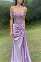 Spaghetti Straps Mermaid Formal Prom Dresses Appliqued Corset Formal Prom Dresses With Split