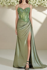 Spaghetti Straps Mermaid Formal Prom Dresses Appliqued Corset Formal Prom Dresses With Split