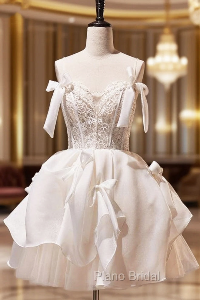 Spaghetti Straps Short Formal Prom Dresses with Lace, Homecoming Gown with Bowknot