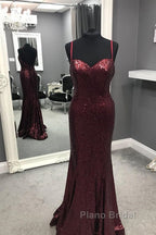 Spaghetti Straps Sweetheart Mermaid Sequins Formal Prom Dresses