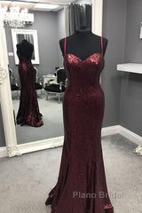 Spaghetti Straps Sweetheart Mermaid Sequins Formal Prom Dresses