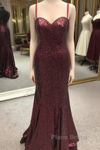 Spaghetti Straps Sweetheart Mermaid Sequins Formal Prom Dresses