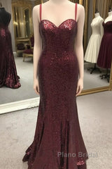 Spaghetti Straps Sweetheart Mermaid Sequins Formal Prom Dresses