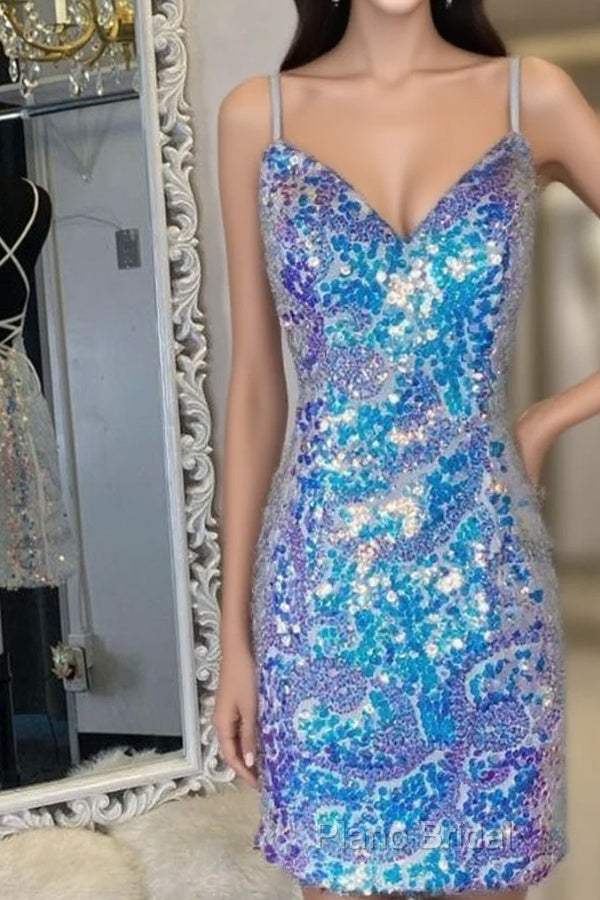 Spaghetti Straps Tight Blue Sequins Homecoming Dresses Party Dresses Main image