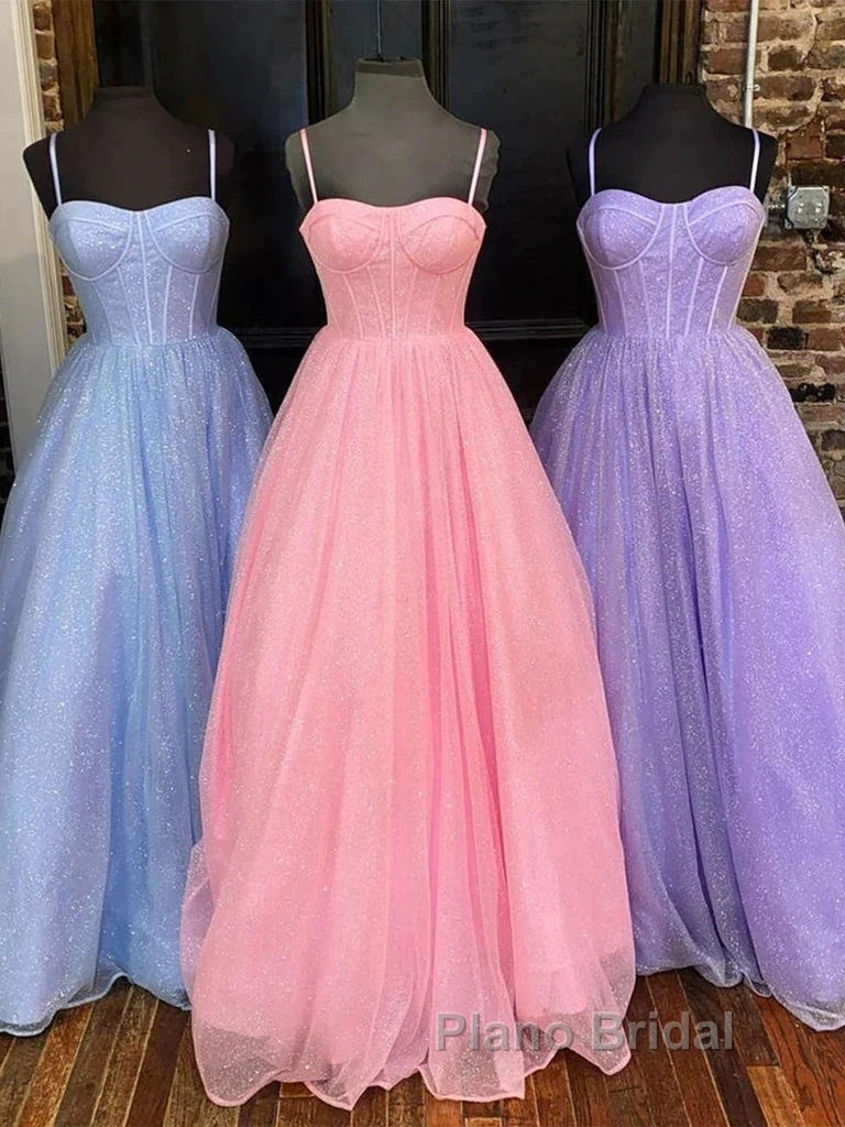 Spaghetti Straps Tulle Purple Bling Bling A Line Formal Prom Dresses Secondary image