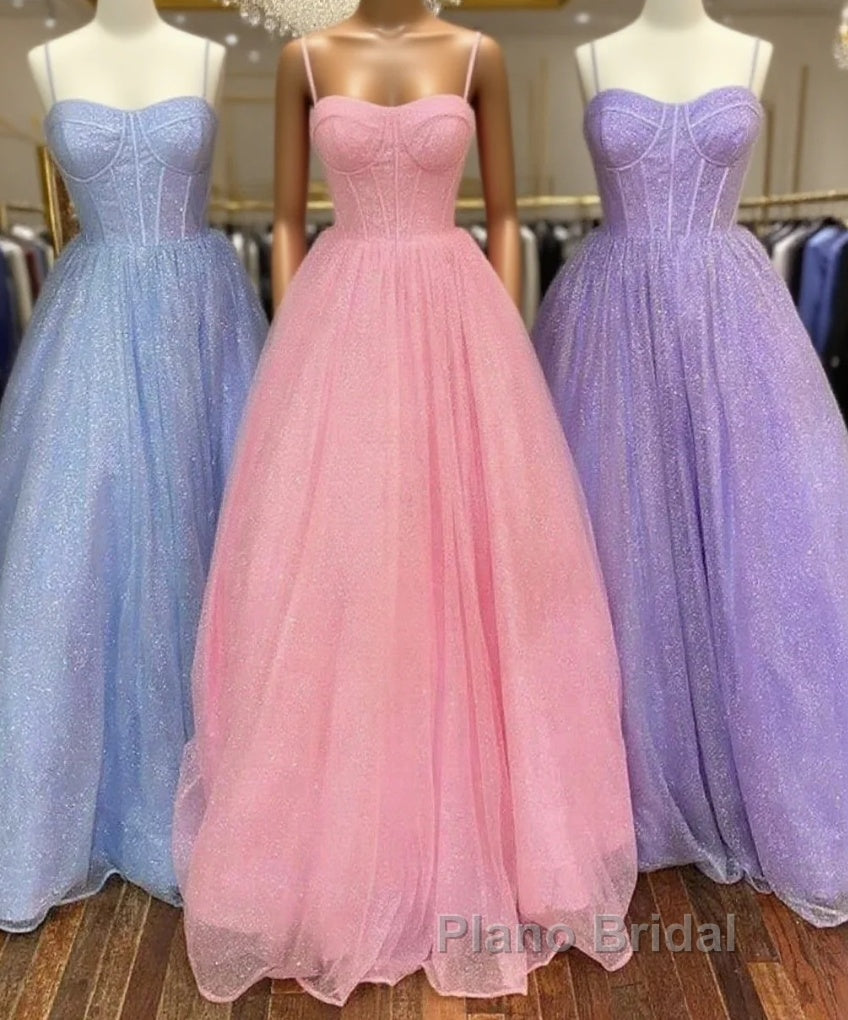 Spaghetti Straps Tulle Purple Bling Bling A Line Formal Prom Dresses