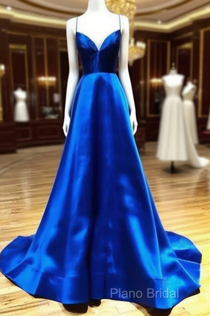 Spaghetti Straps V-Neck A-Line Royal Blue Formal Prom Dresses, Main image
