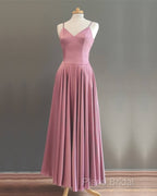Spaghetti Straps V Neck Ankle Length Bridesmaid Dresses