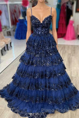 Spaghetti Straps White Layered A-Line Formal Prom Dresses with Sequin