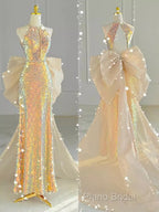Sparkle A Line Scoop Neckline Sequin Gold Long Formal Prom Dresses