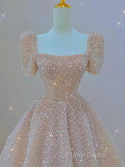 Sparkle A Line Square Neckline Sequin Pink Long Formal Prom Dresses