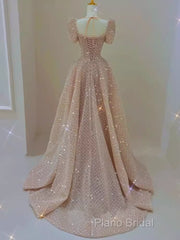 Sparkle A Line Square Neckline Sequin Pink Long Formal Prom Dresses