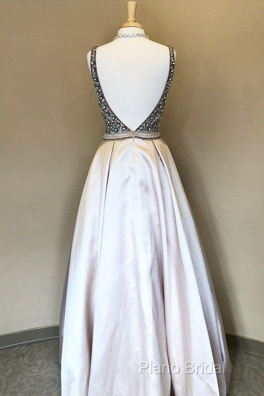 Sparkle Sequin Beaded V-Neck Long Satin Formal Prom Dresses Secondary image