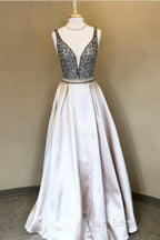 Sparkle Sequin Beaded V-Neck Long Satin Formal Prom Dresses