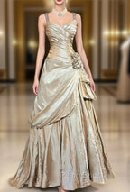 Sparkling A-Line V-Neck Satin Backless Long Formal Prom Dresses Formal Evening Dresses Graduation Formal Prom Dresses