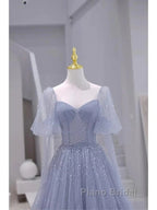 Sparkling Blue Short Sleeves Tulle Long Sweetheart Party Dresses A-Line Blue Formal Prom Dresses