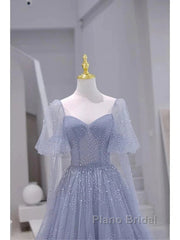 Sparkling Blue Short Sleeves Tulle Long Sweetheart Party Dresses A-Line Blue Formal Prom Dresses