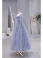 Sparkling Blue Short Sleeves Tulle Long Sweetheart Party Dresses A-Line Blue Formal Prom Dresses