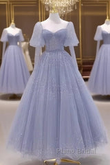 Sparkling Blue Short Sleeves Tulle Long Sweetheart Party Dresses A-Line Blue Formal Prom Dresses