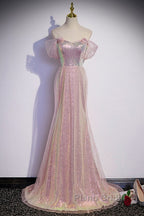 Sparkling Powder Blusher Pink Sequins Off Shoulder Short Sleeve Evening Dresses Powder Blusher Pink Trumpet/Mermaid Open Back Zipper Sweep Tail Formal Prom Dresses