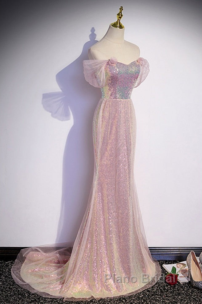 Sparkling Powder Blusher Pink Sequins Off Shoulder Short Sleeve Evening Dresses Powder Blusher Pink Trumpet/Mermaid Open Back Zipper Sweep Tail Formal Prom Dresses