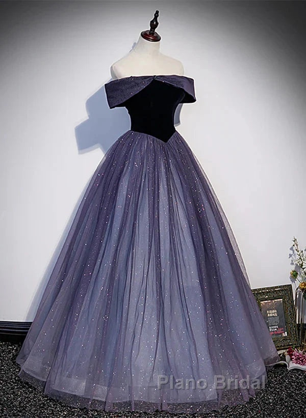 Sparkling Purple Gradient Tulle Off Shoulder A-Line Purple Evening Dresses Formal Prom Dresses Elegant