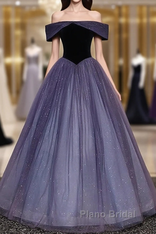 Sparkling Purple Gradient Tulle Off Shoulder A-Line Purple Evening Dresses Formal Prom Dresses Elegant Main image