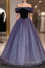 Sparkling Purple Gradient Tulle Off Shoulder A-Line Purple Evening Dresses Formal Prom Dresses