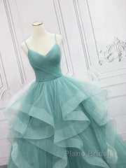 Sparkling Quinceanera Dresses V Neck Tulle Long Formal Prom Dresses Green Sweet Dresses Floor Length