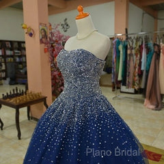 Sparkly Beaded Strapless Navy Blue Ball Gown Formal Prom Dresses