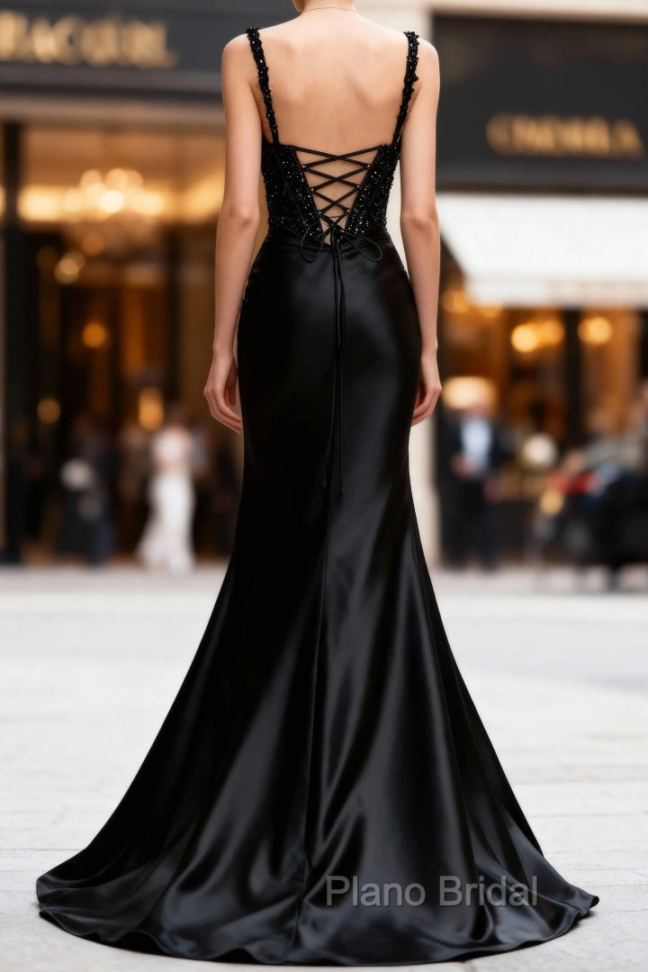 Sparkly Black Floral Spaghetti Straps Mermaid Long Formal Prom Dresses with Slit Secondary image