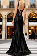 Sparkly Black Floral Spaghetti Straps Mermaid Long Formal Prom Dresses with Slit