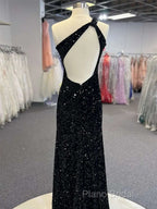 Sparkly Black One Shoulder Side Slit Formal Prom Dresses,