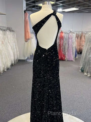 Sparkly Black One Shoulder Side Slit Formal Prom Dresses,