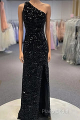 Sparkly Black One Shoulder Side Slit Formal Prom Dresses,