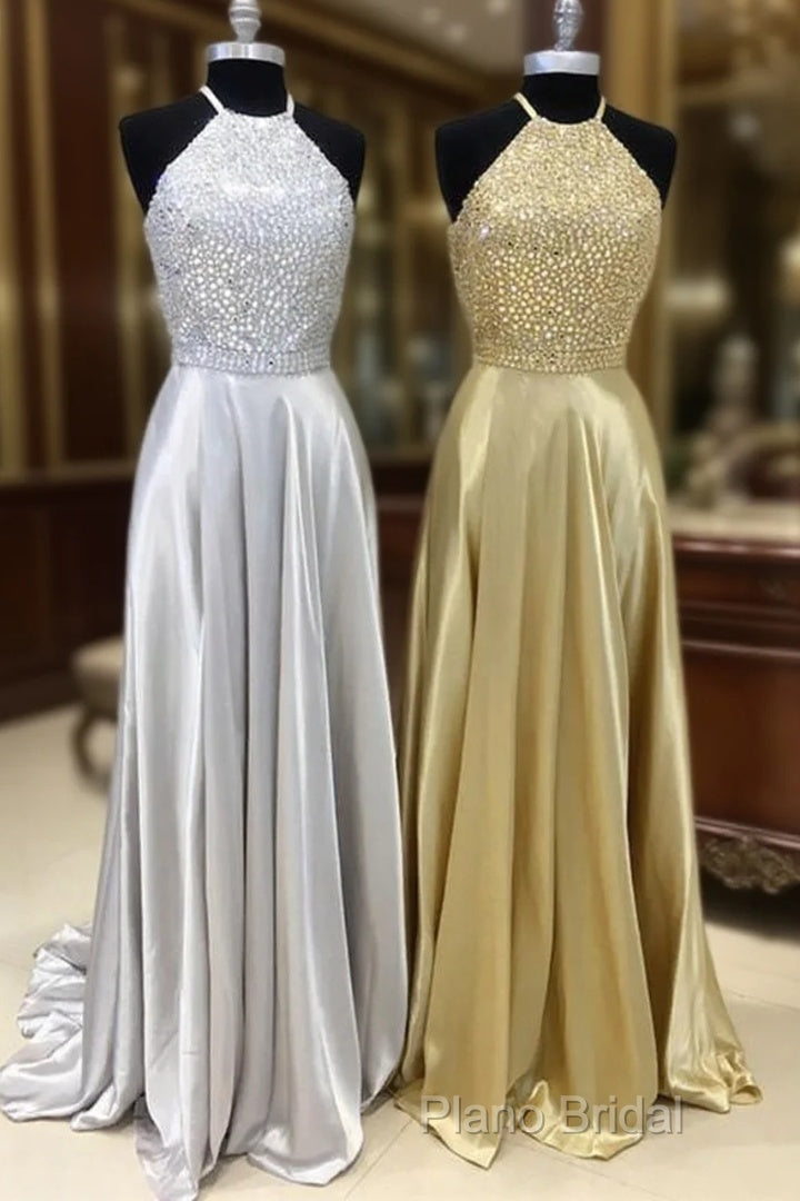 Sparkly Crystal Beaded Halter Long Satin Open Back Formal Prom Dresses Main image