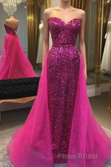 Sparkly Hot Pink Detachable Train Sequins Long Formal Prom Dresses
