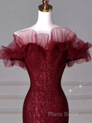 Sparkly Mermaid Burgundy Sequin Long Formal Prom Dresses Party Dresses