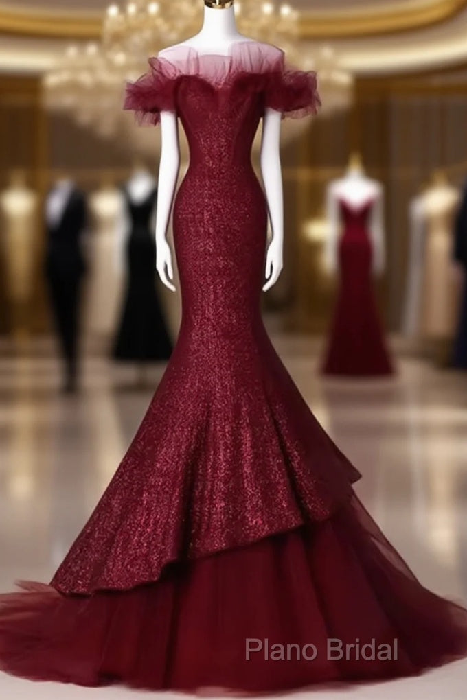 Sparkly Mermaid Burgundy Sequin Long Formal Prom Dresses Party Dresses