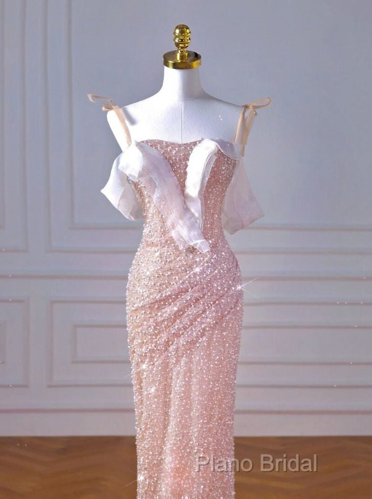 Sparkly Mermaid Straps Pink Tulle Pearls Long Formal Prom Dresses Secondary image